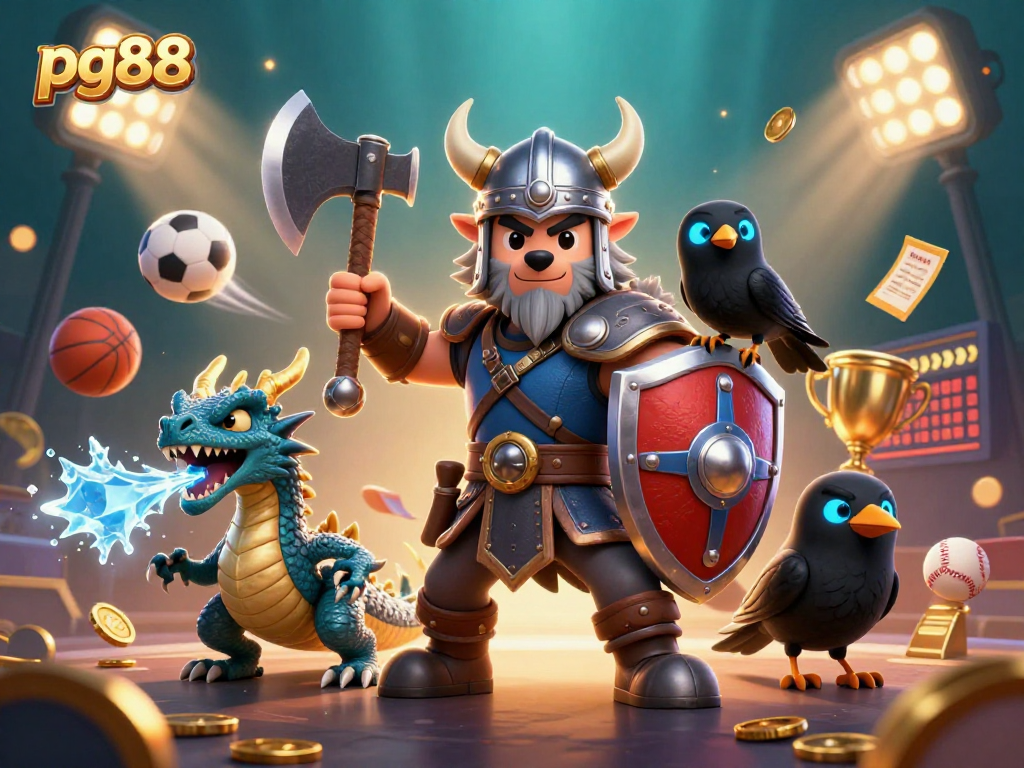 Experience thrilling gaming with pg88’s heroic Viking warrior, fierce dragon, and dynamic sports action.
