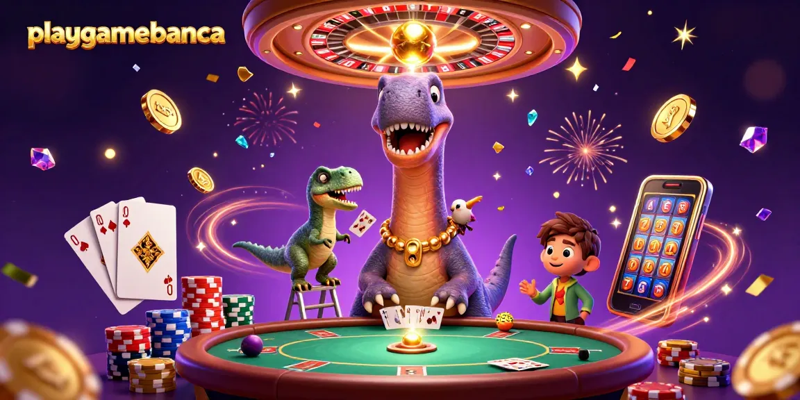 Experience excitement at playgamebanca with a dynamic casino scene featuring vibrant characters and gambling elements.