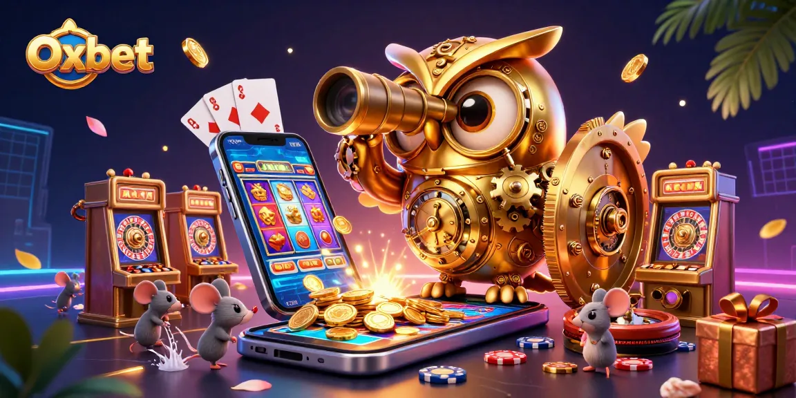 Experience the excitement of Oxbet's casino scene with an interactive owl amidst vibrant slot game elements.