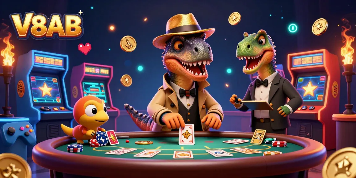V8AB casino scene with a velociraptor card counter at a blackjack table, showcasing vibrant animated gameplay elements.
