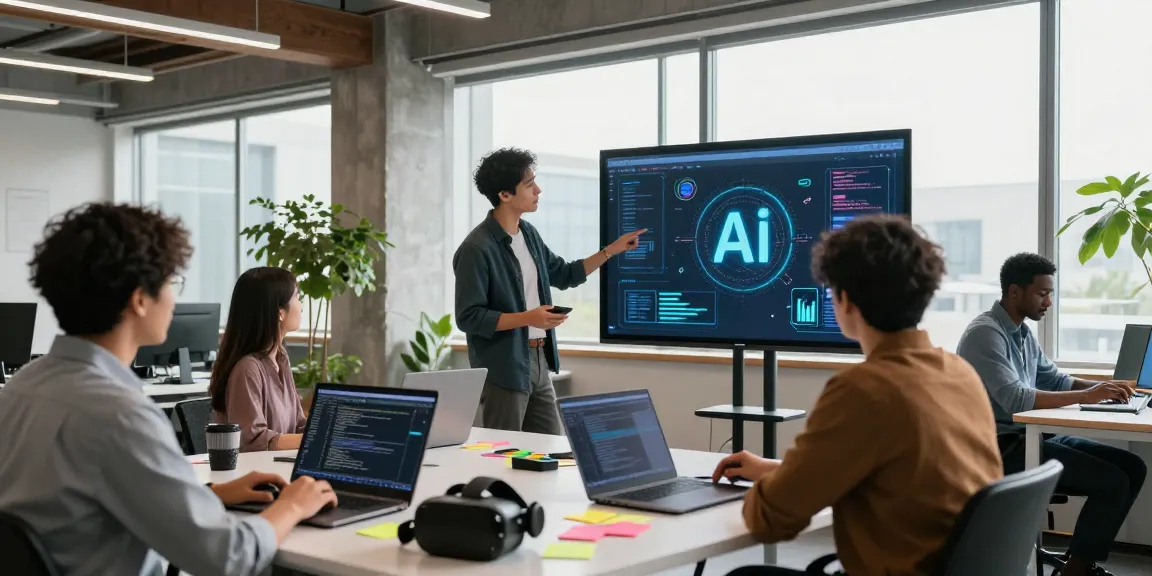 Team collaborating on hot AI project in a bright, modern workspace.