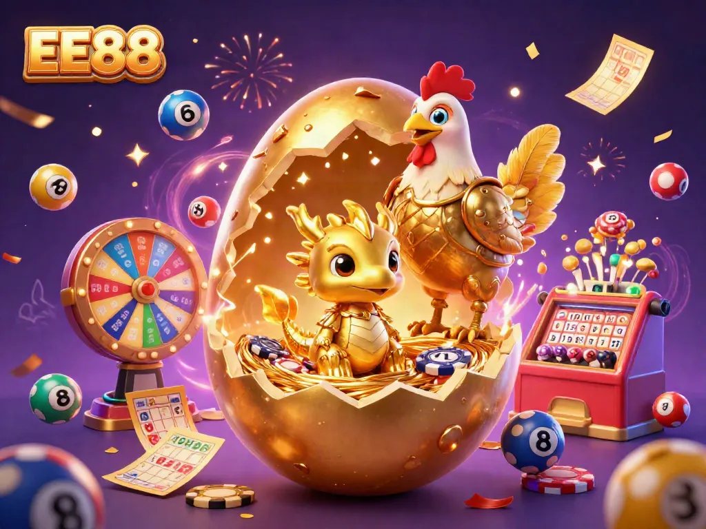 Experience excitement at EE88 with a golden dragon and mother hen amidst dynamic lottery and casino elements.
