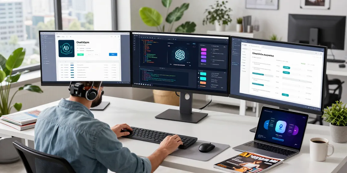Developer exploring ChatGPT alternatives in a vibrant tech workspace with advanced coding displays and modern decor.
