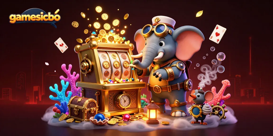 Spinning the golden slot machine with gamesicbo theme featuring steampunk elements and vibrant underwater treasures.