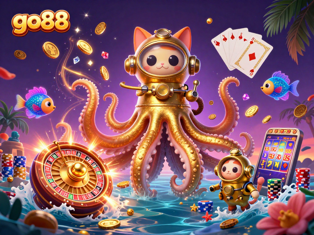 Engage in thrilling play at go88 with a kraken and diving cat amidst vibrant casino elements.