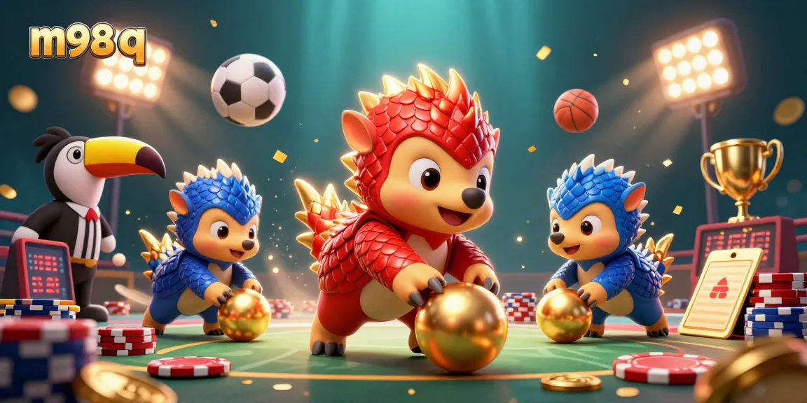 Compete in m98 q inspired games as a rival pangolin duo rolls through poker chips amidst sports elements.