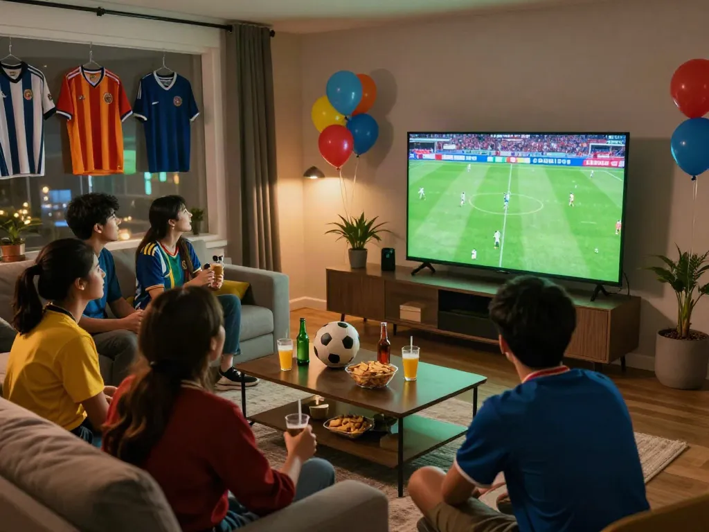 Friends enjoying a football match on Thapcamtv with snacks and jerseys.