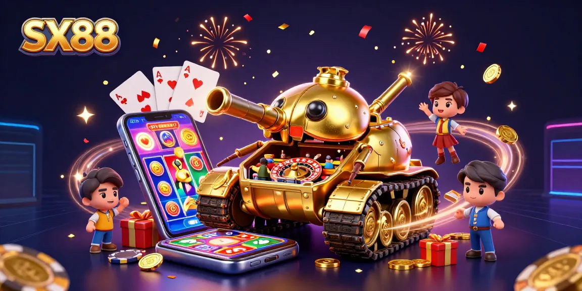 SX88 offers an immersive experience with a lively casino scene in a golden beetle tank surrounded by dynamic gaming elements.