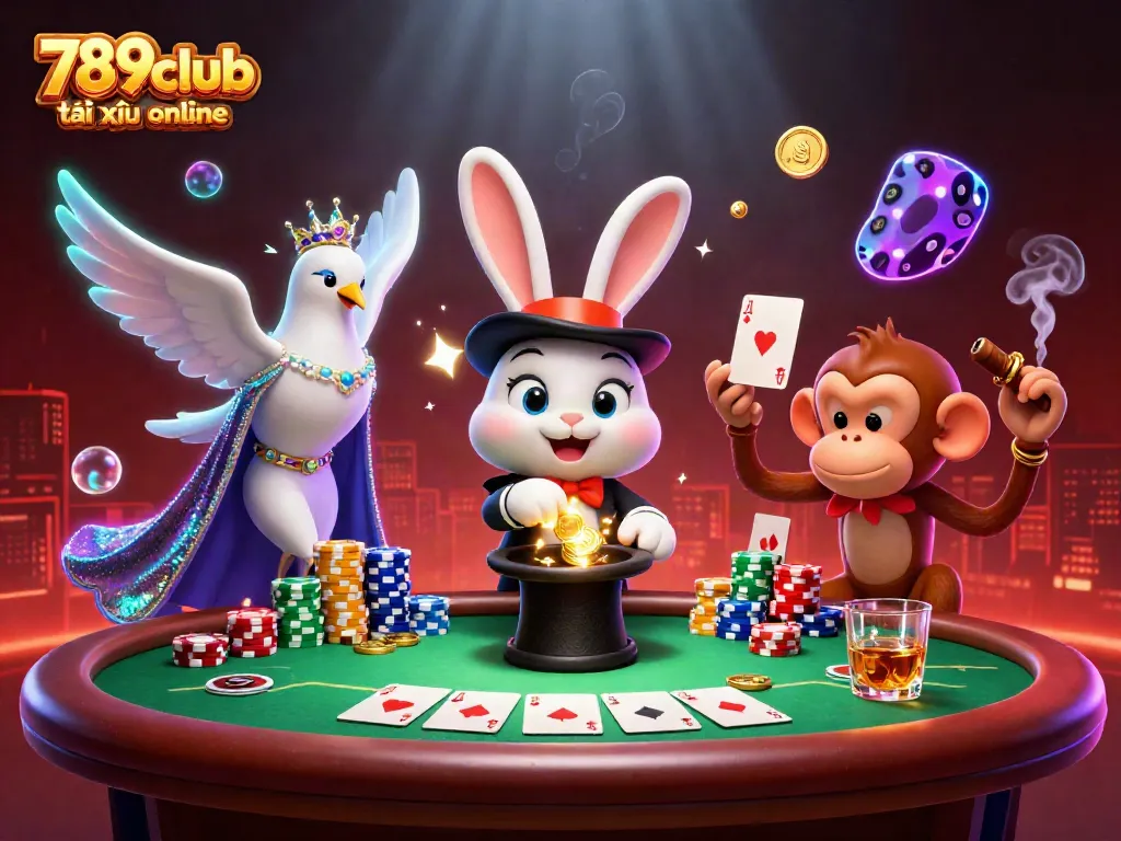 Experience thrilling gameplay with 789club tài xỉu online, featuring a magician, dove, and monkey amidst poker chips.