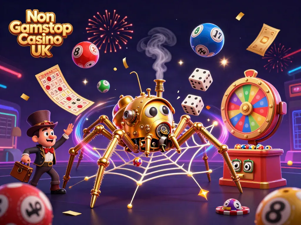 Engaging 3D illustration showing a Non Gamstop Casino UK scene with a steampunk spider and playful gambling elements.