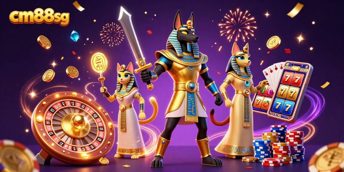 Engage with cm88sg for thrilling slot games featuring Anubis and Bastet amidst cascading coins.