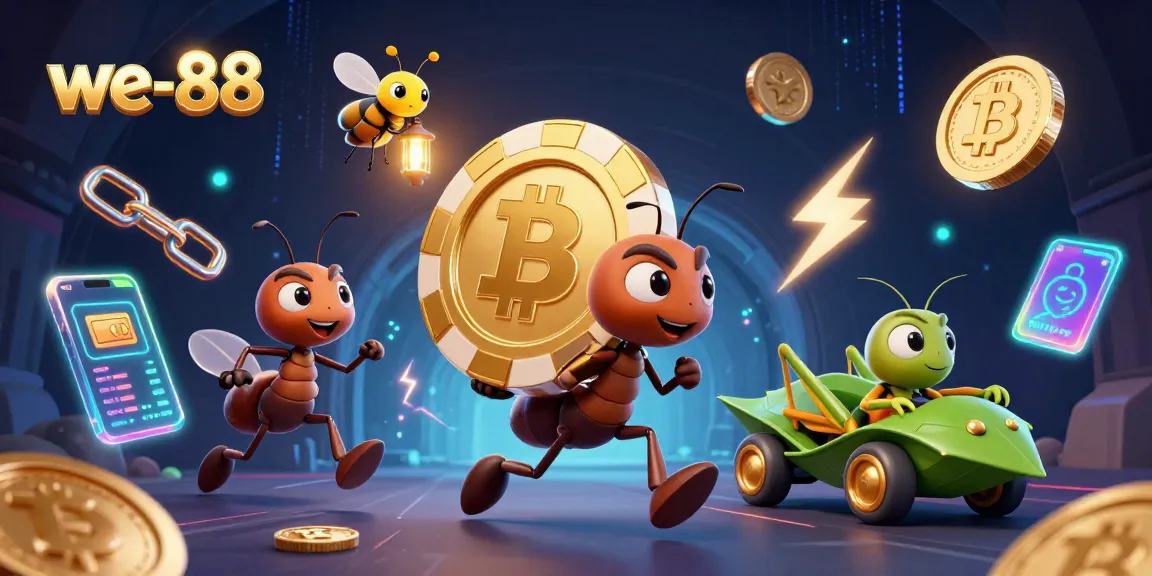 Experience thrilling wins with we-88 in a vibrant, 3D casino heist scene featuring poker chips and crypto coins.