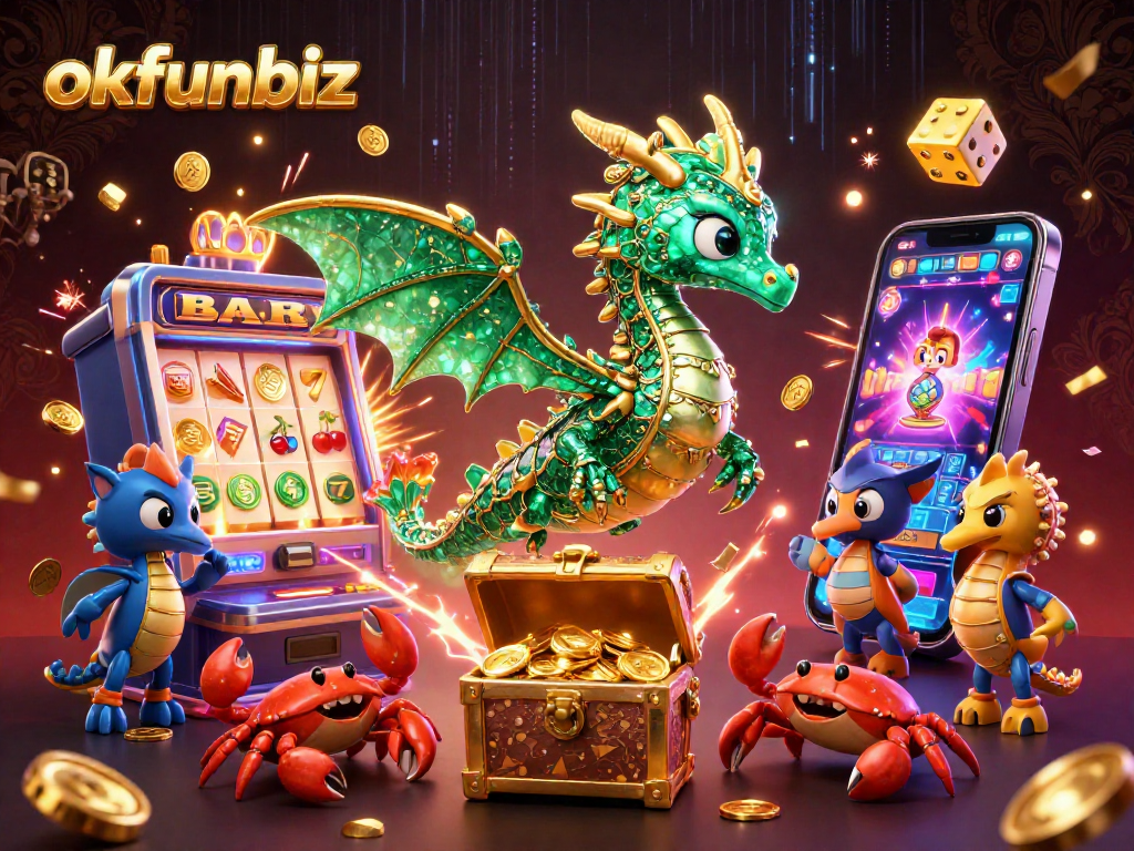 Experience excitement with okfunbiz in this vibrant casino-themed 3D illustration.