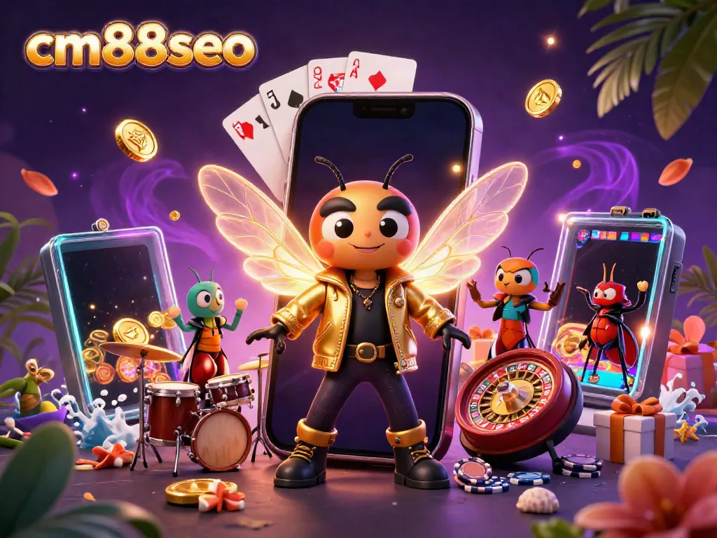 Experience cm88seo's vibrant casino scene with slot games, rock star characters, and dazzling elements.