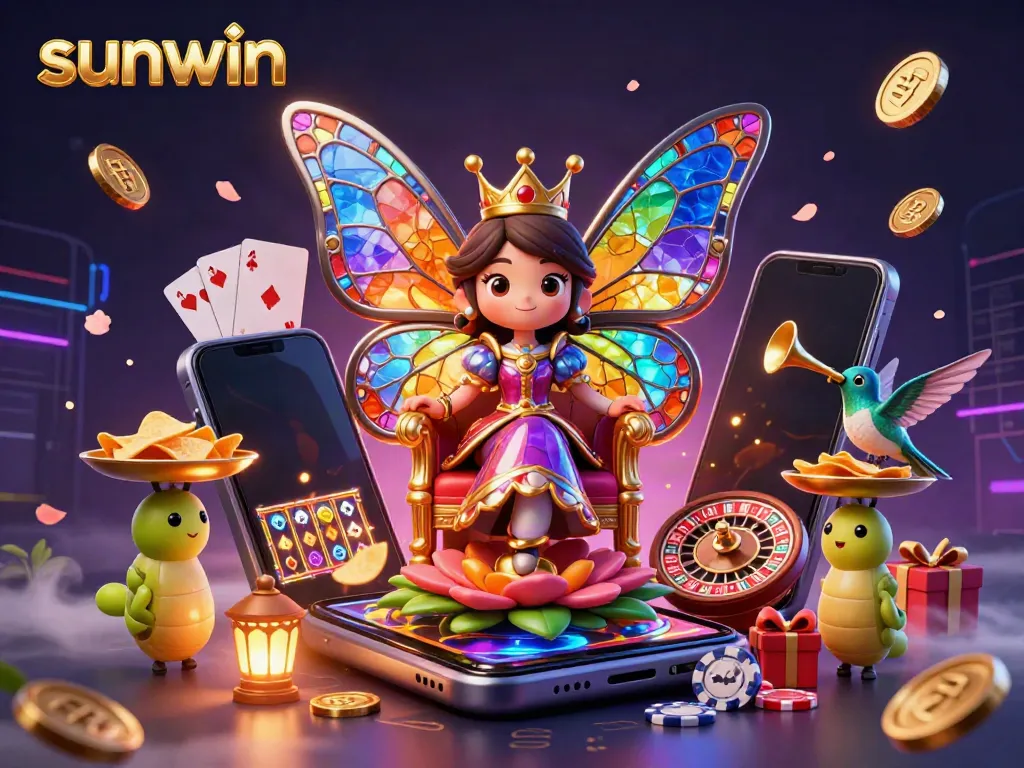 Experience sunwin with a vibrant 3D cartoon scene of a butterfly queen amidst casino elements including slot games and poker chips.