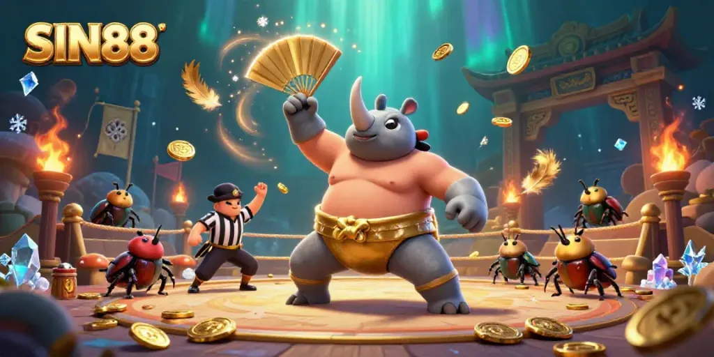 SIN88 promotes dynamic betting excitement with a 3D rhinoceros beetle sumo champion amid golden coins and cheering beetle viewers.