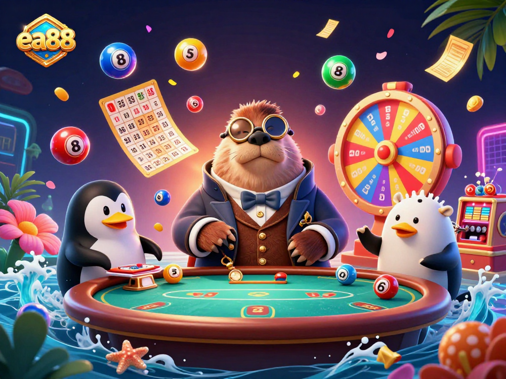 ea88 casino adventure scene with a walrus, penguin, and pufferfish playing poker.