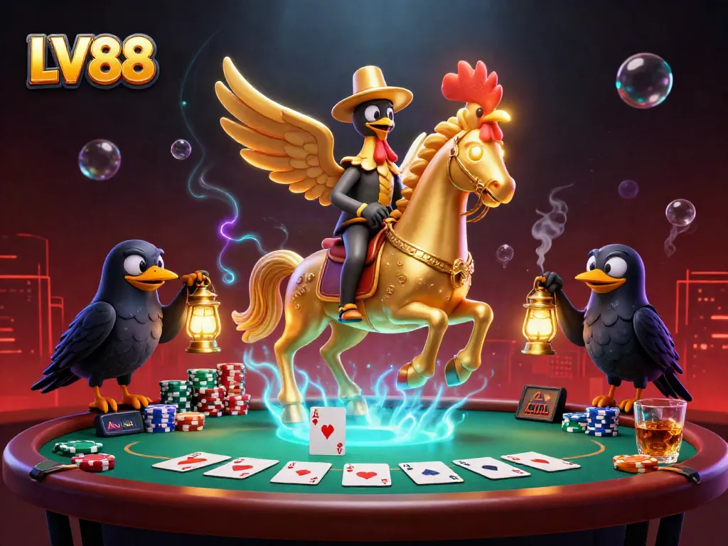 Experience the thrilling LV88 casino with a golden rooster and its companions amidst vibrant poker game elements.