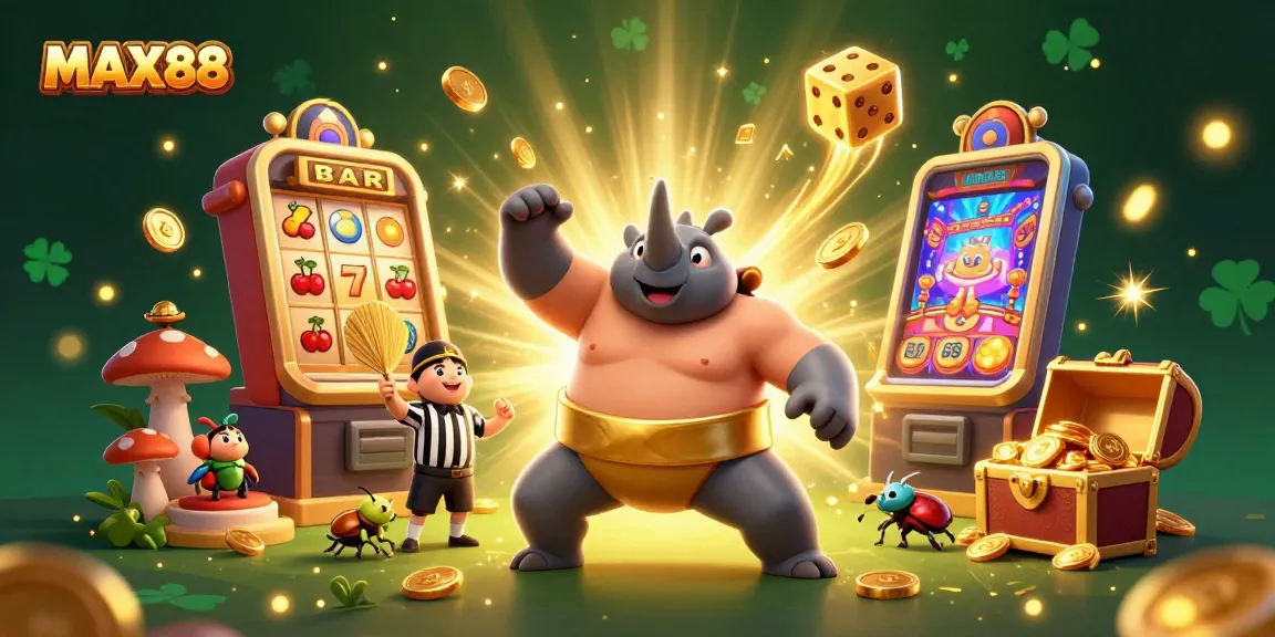Experience MAX88's exciting slot game action with a dazzling 3D beetle champion and dynamic casino elements.