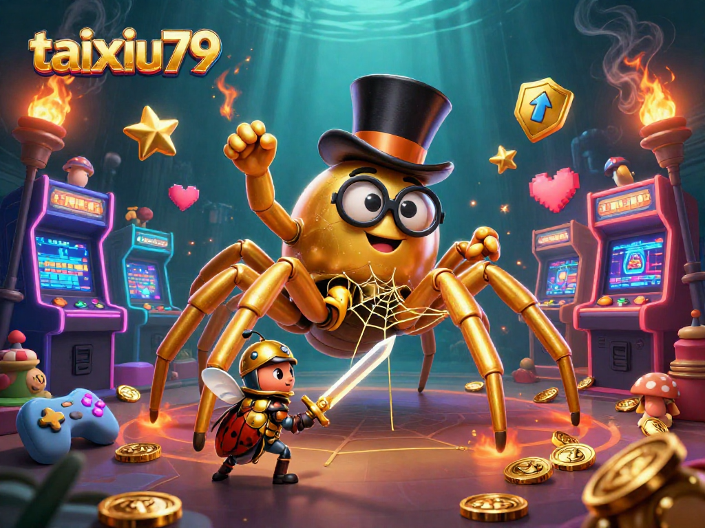 Experience the vibrant world of taixiu79 with the golden tarantula and beetle knight in a dynamic casino art scene.