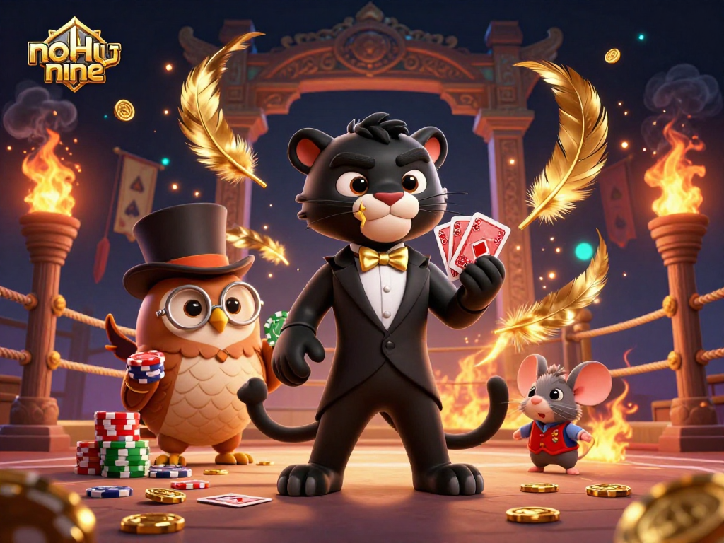 A stylish panther and owl engaging in a dramatic card game, showcasing nohu-nine gaming excitement.