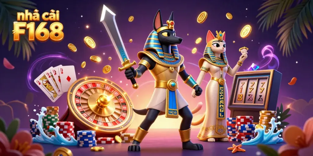 Experience excitement at Nhà cái F168 with a vibrant illustration of gaming elements and characters in a dynamic casino environment.