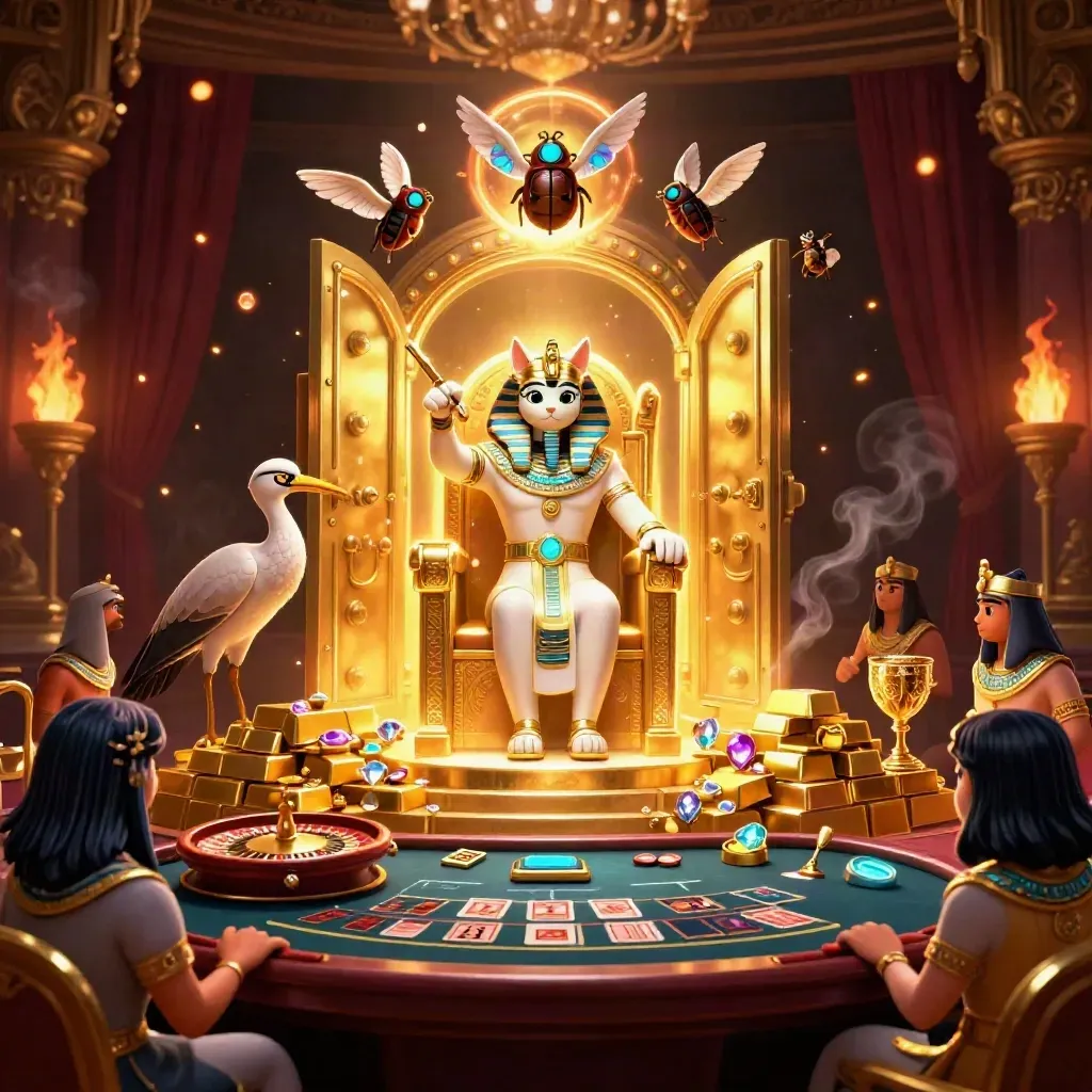 Pharaoh cat, ibis scribe, and gem-winged scarabs amid vault gold, cyan glow, and casino treasure.
