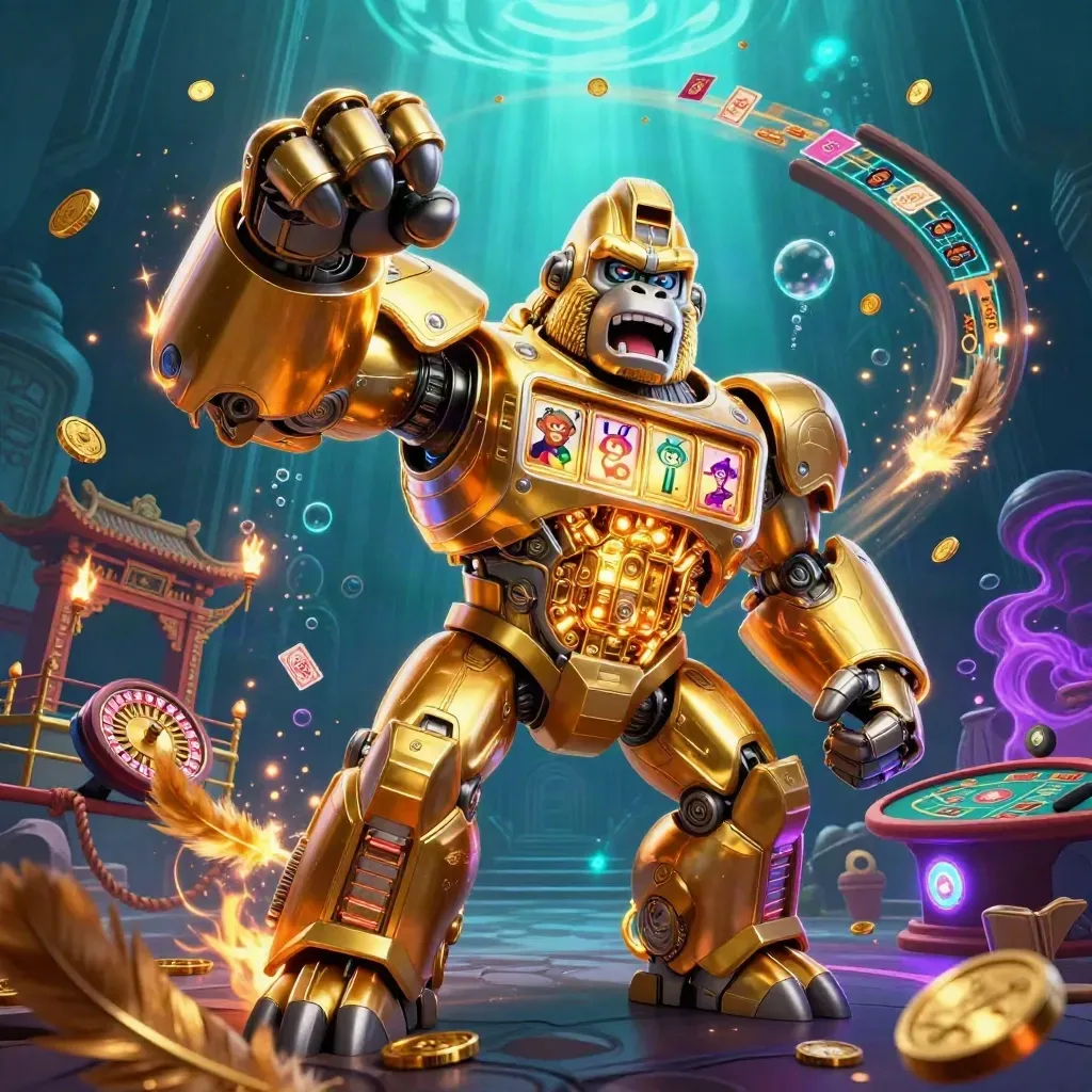 Golden gorilla mech in an underwater neon casino temple, bursting with coins and cyan light.
