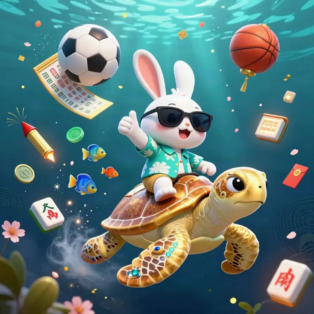 Lucky rabbit rides a golden sea turtle with casino sports props and glowing underwater effects