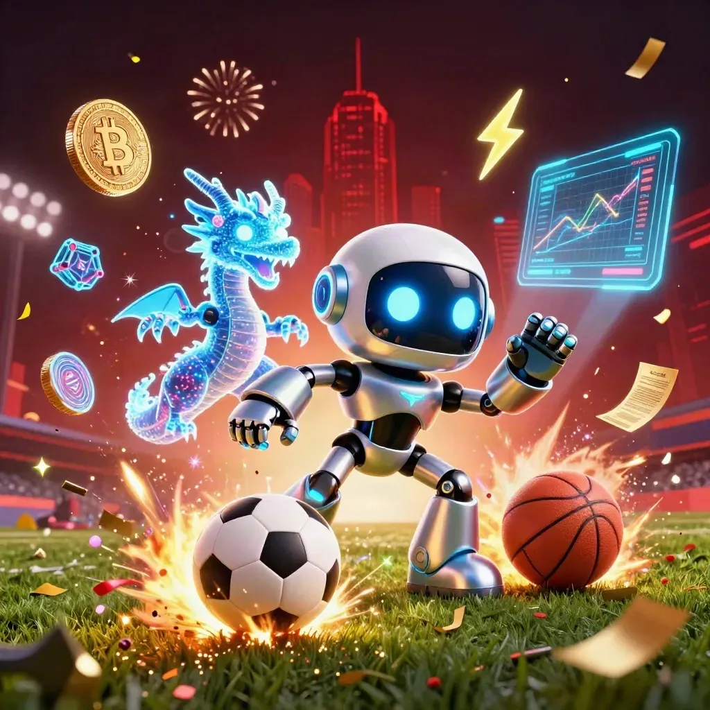 Cyberpunk robot, holographic dragon, drone, sports balls, coins and sparks in a neon casino burst.