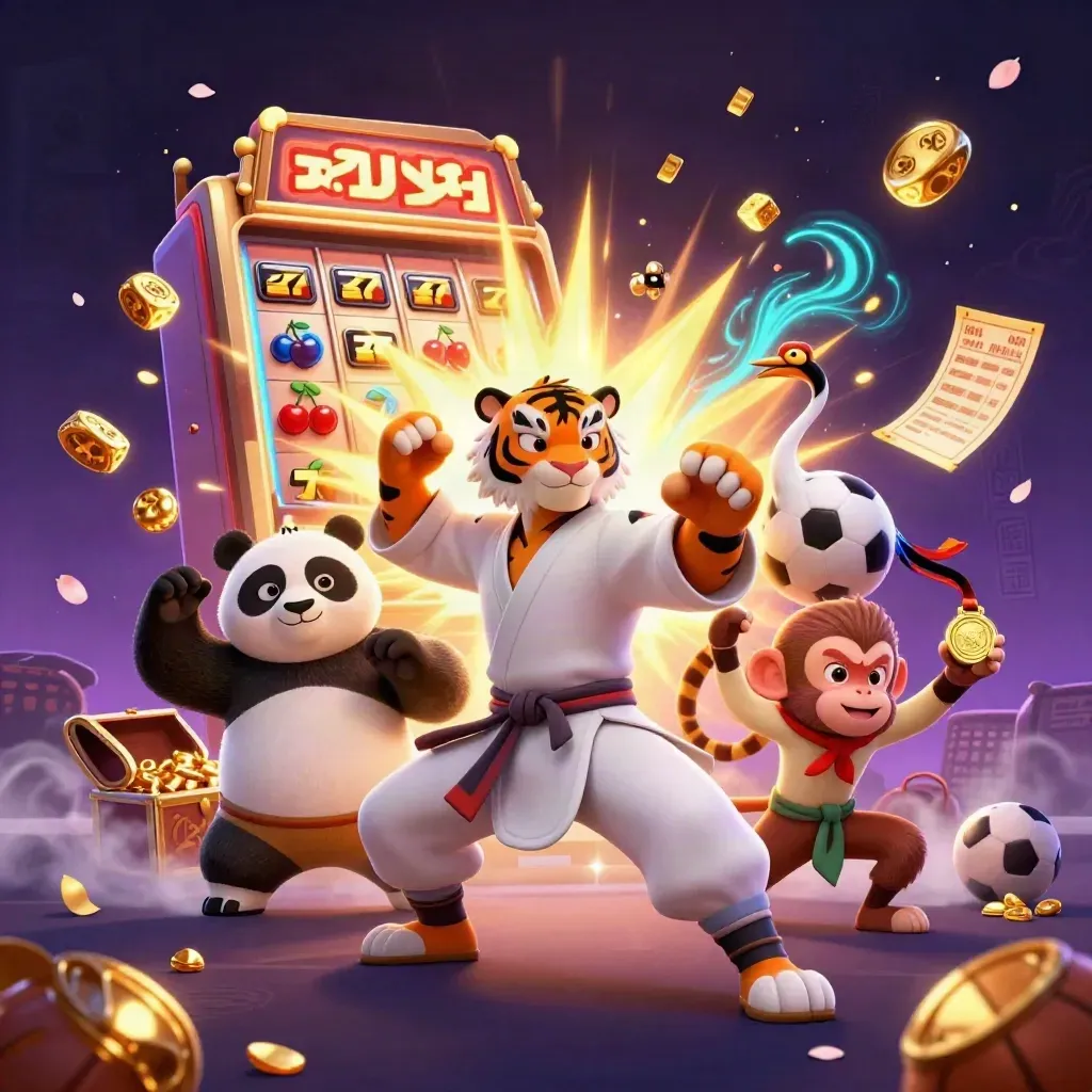 Tiger, panda, and monkey amid a slot burst, gold coins, neon haze, and casino sports props.