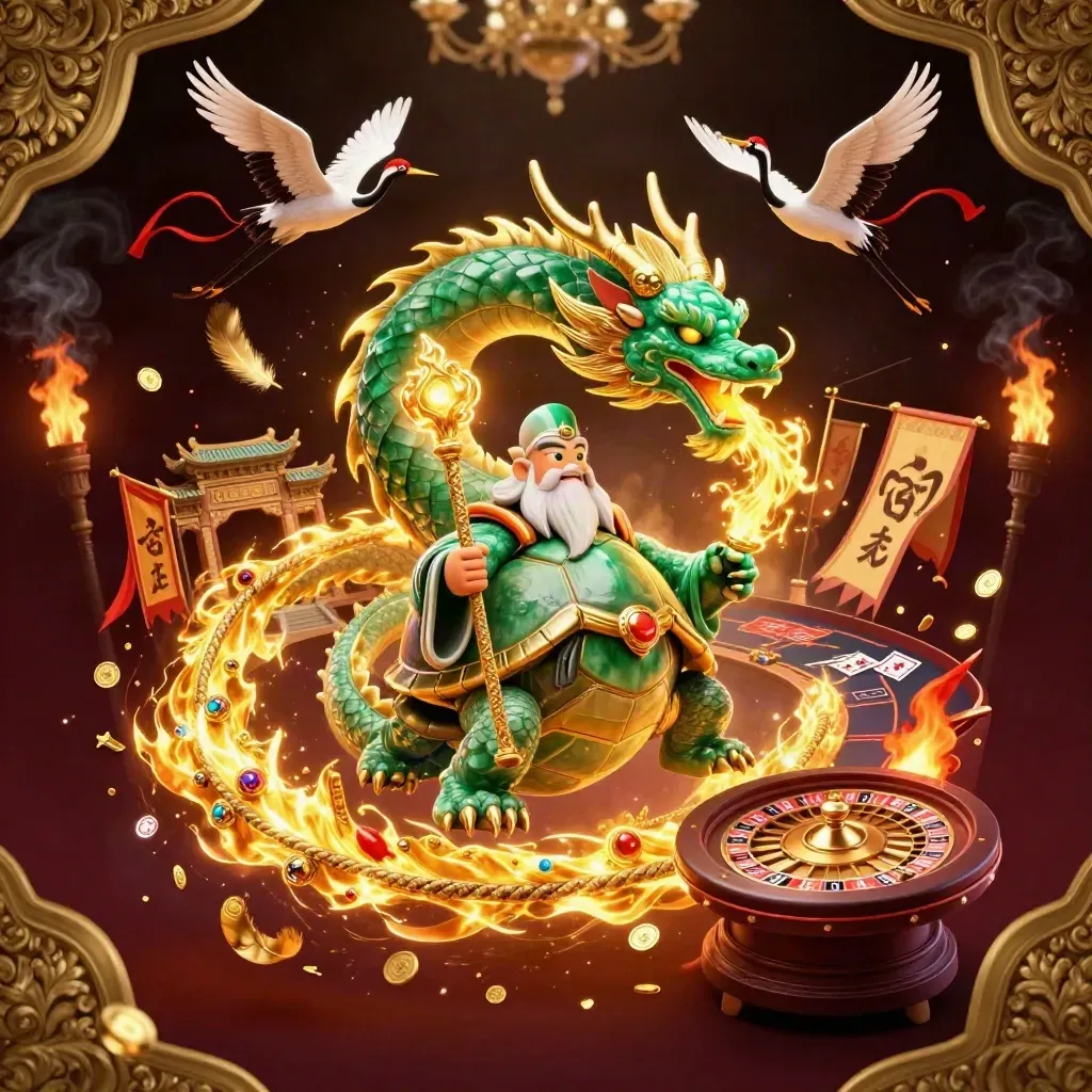 Jade dragon, turtle sage, and cranes in a glowing casino room with gold fire and velvet light