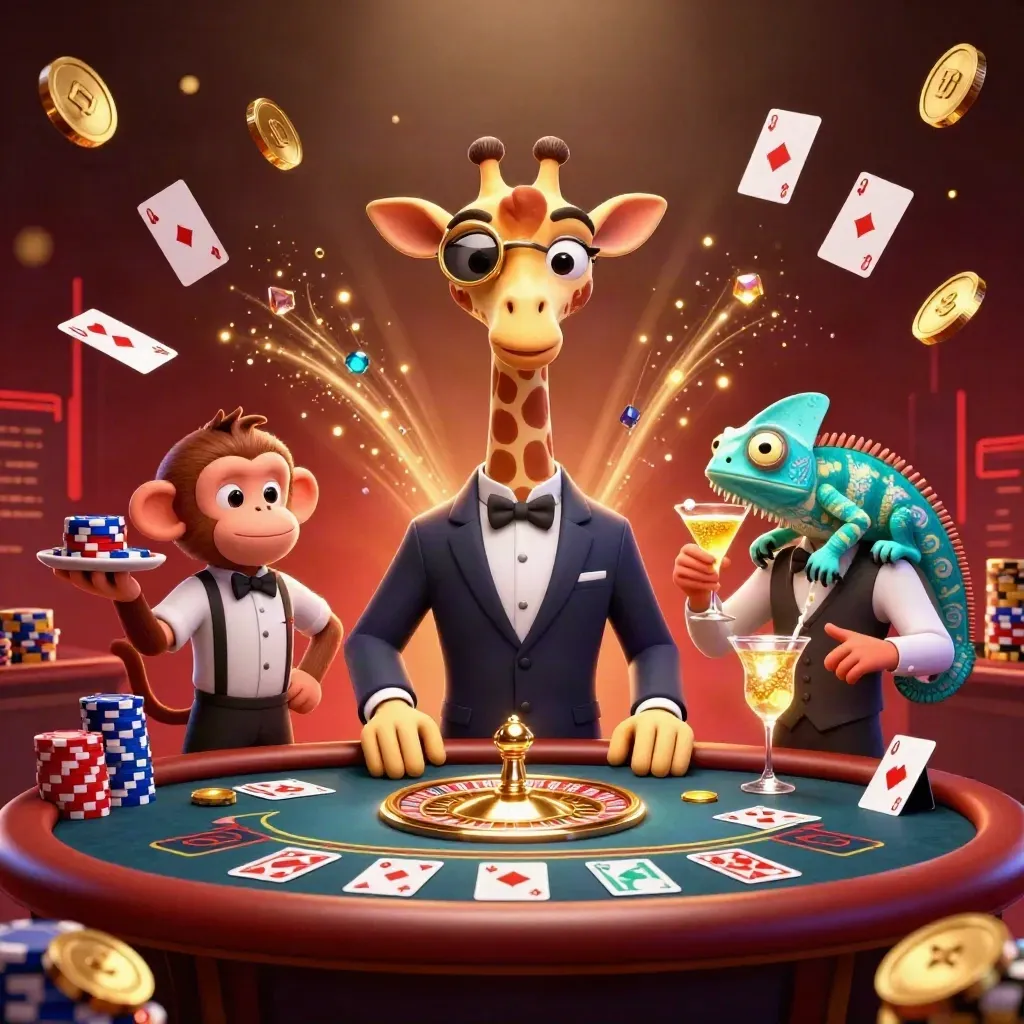 Giraffe high roller, monkey valet, and chameleon bartender in a glowing casino with coins, cards, and roulette wheel.