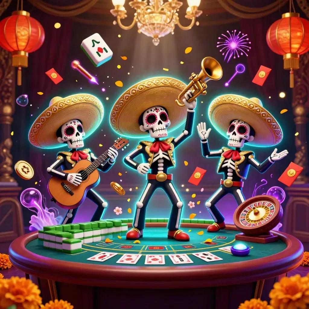 Day-of-the-Dead skeleton mariachi trio amid casino glow, lanterns, coins, petals, and neon effects.