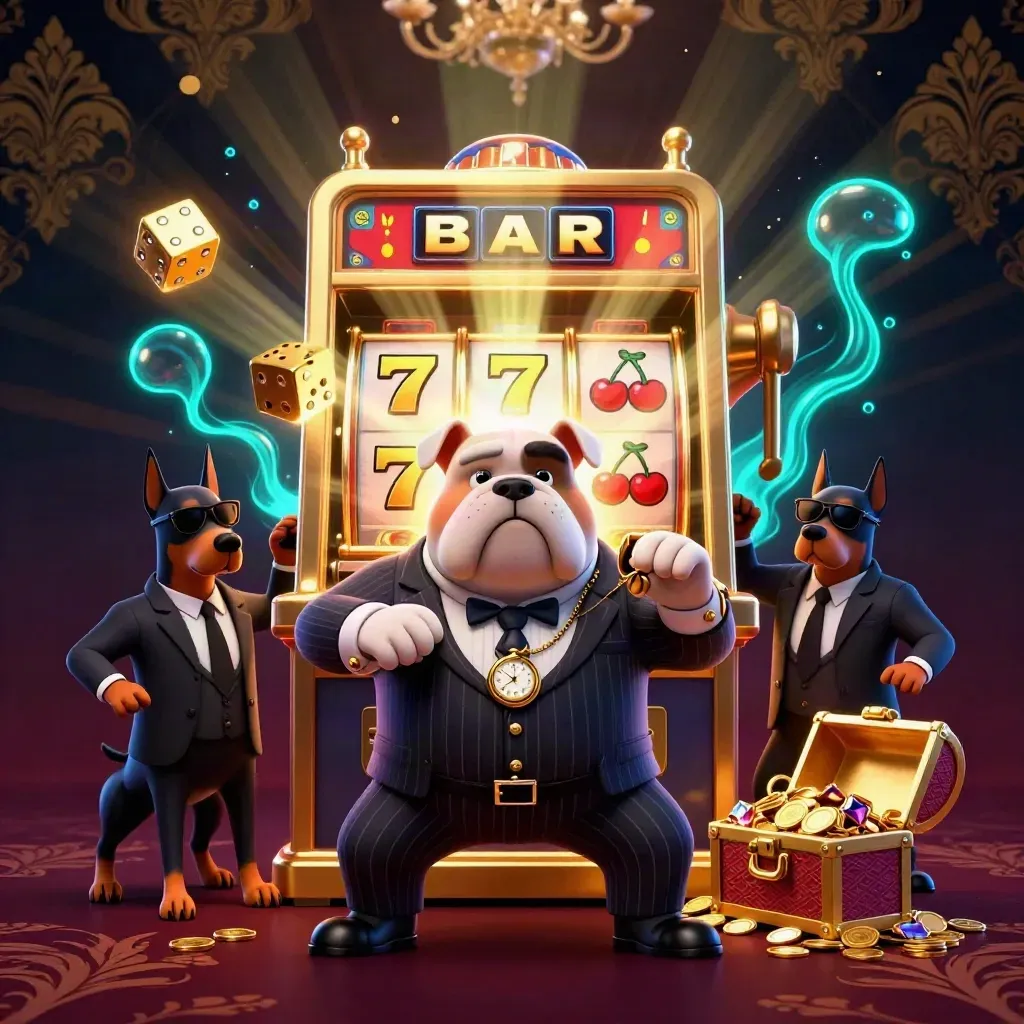 Mafia bulldog and Dobermans as a slot machine explodes with gold, cyan glow, and treasure.