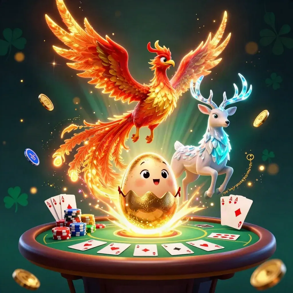 Phoenix, hatching egg and crystal stag amid poker chips, aces and glowing treasure.