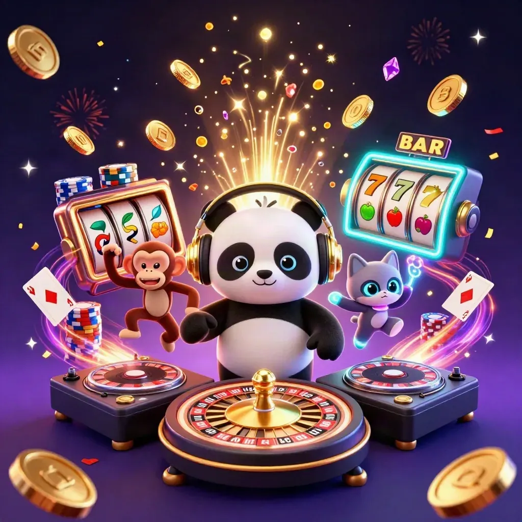 DJ panda, breakdancing monkey, and rave kitten amid casino coins, chips, and neon energy.