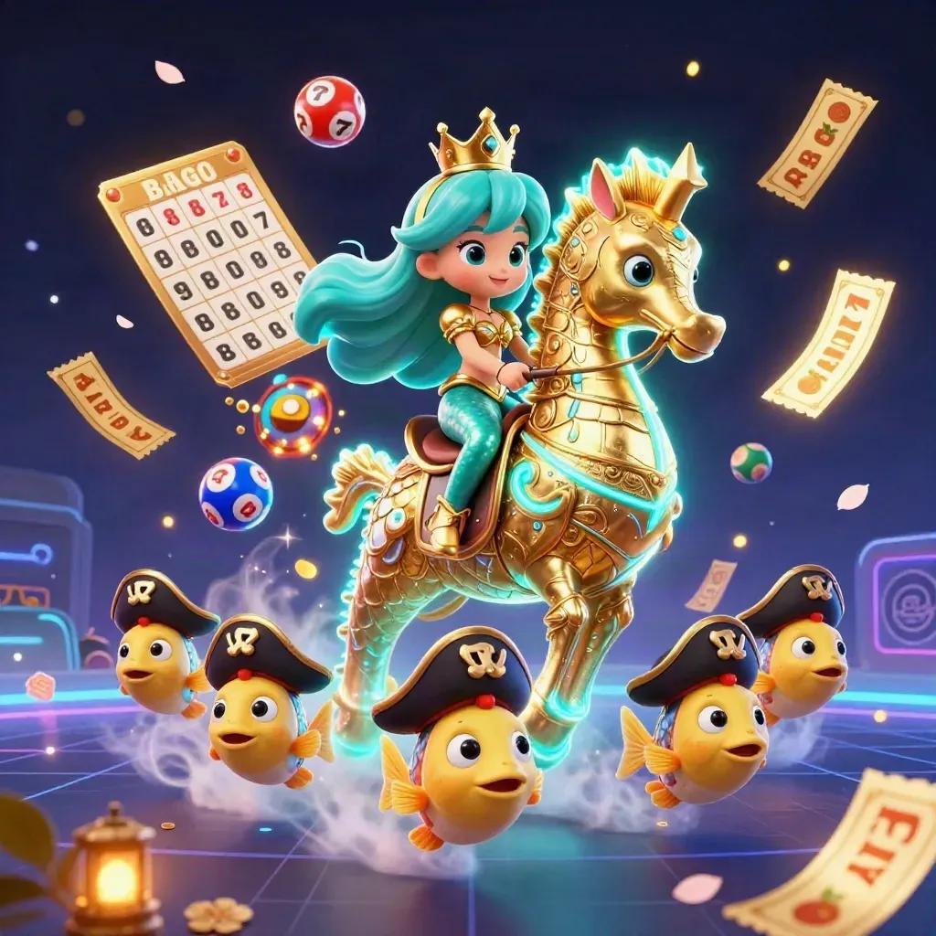 Mermaid princess on a gold seahorse amid fish, lottery balls, and neon casino magic in cyan and gold.