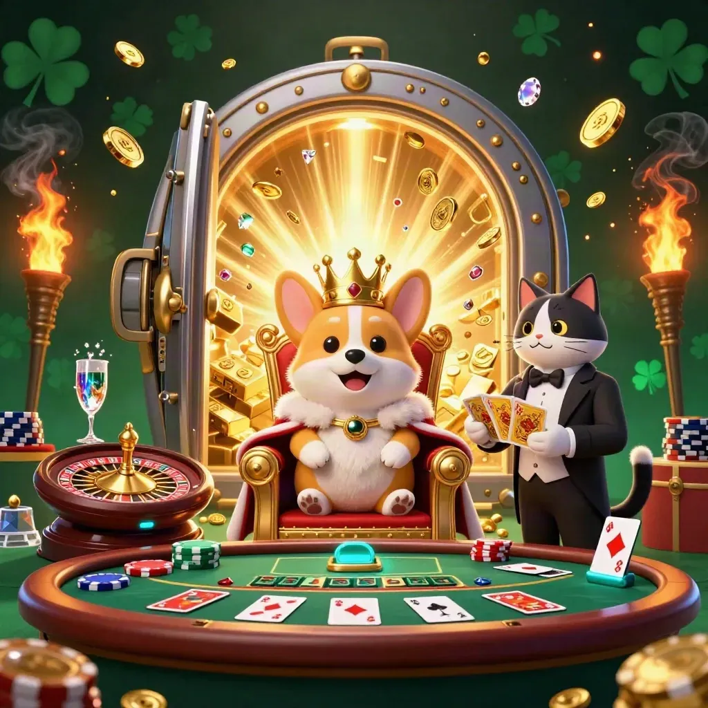 Crowned corgi and cat butler erupt from a treasure vault amid gold, gems, and casino lights.