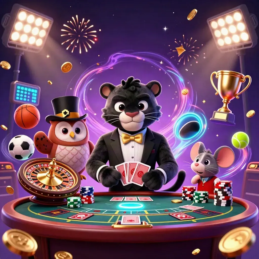 Black panther, owl and mouse celebrate amid coins, fireworks, sports balls and casino glow.