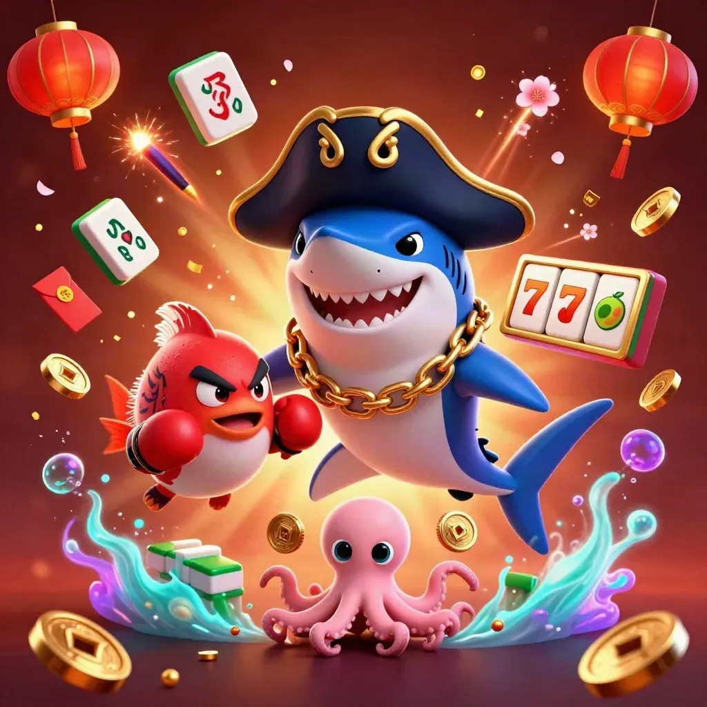 Pirate shark, boxing pufferfish, and juggling octopus amid glowing casino symbols and ember light