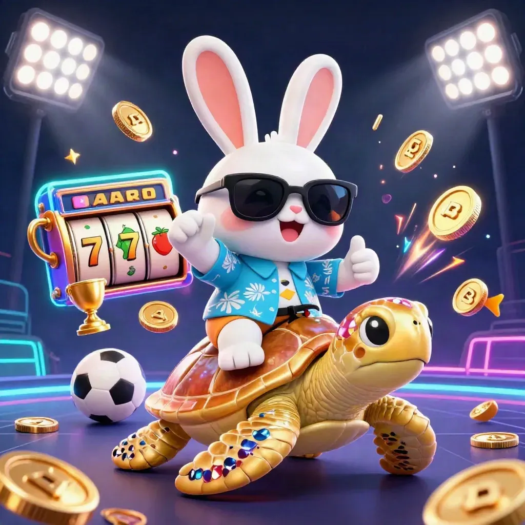 Lucky rabbit riding a jeweled sea turtle with casino icons, neon lights, and gold coins