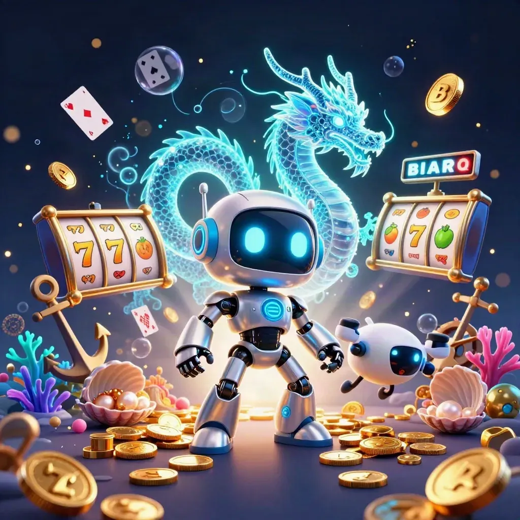 Cyberpunk robot, holographic dragon and coin drone over treasure cove slot effects