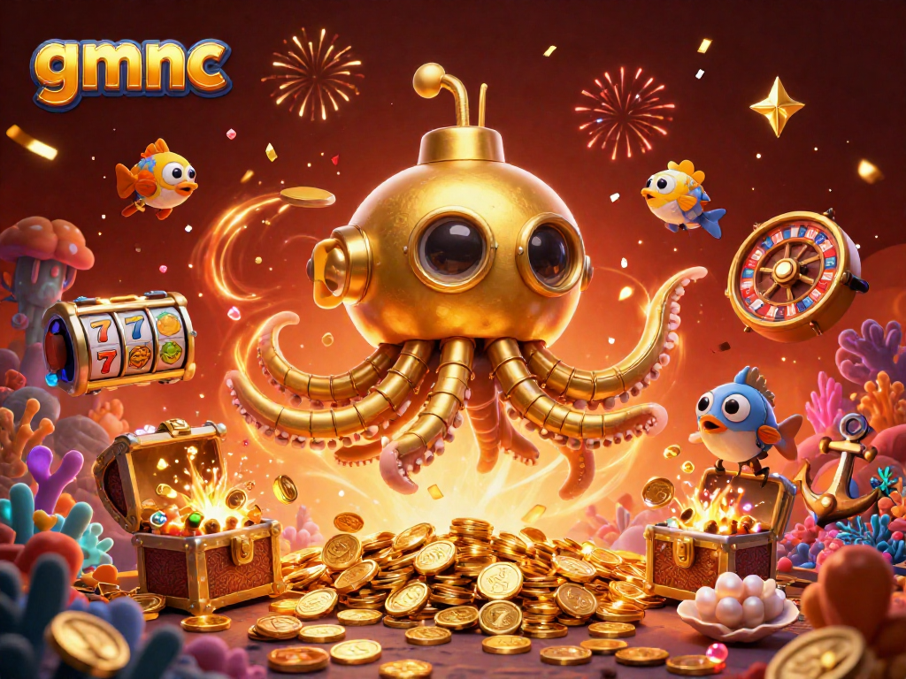 Engage with gmnc in this vibrant 3D casino illustration featuring a kraken submarine and slot reels.