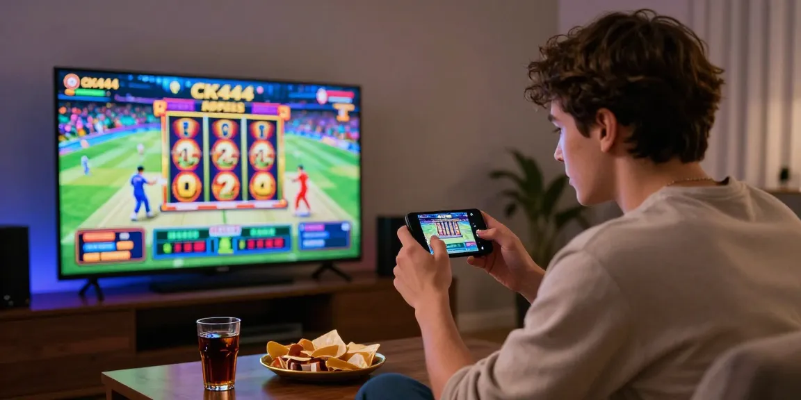Excited player enjoying CK444 betting experience on smartphone during live cricket match, surrounded by casino game graphics.