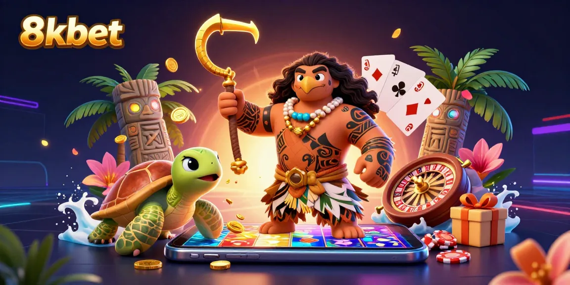 Engage with 8xbet's vibrant 3D illustration featuring slots and winnings in a dynamic casino scene.