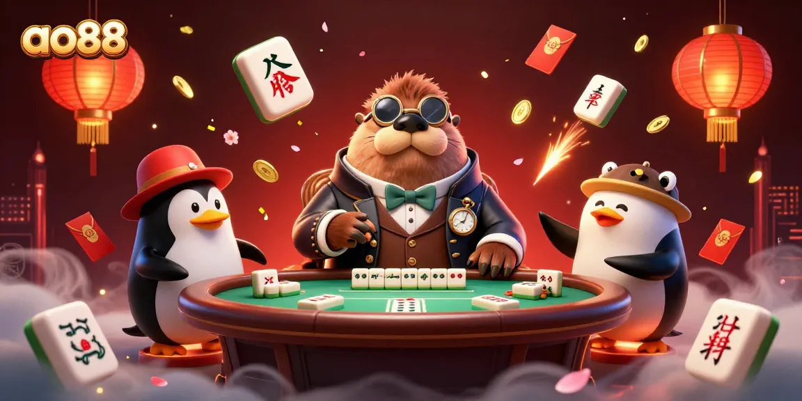 Join the fun at ao88 as a jolly walrus plays poker with friends in a vibrant casino scene.