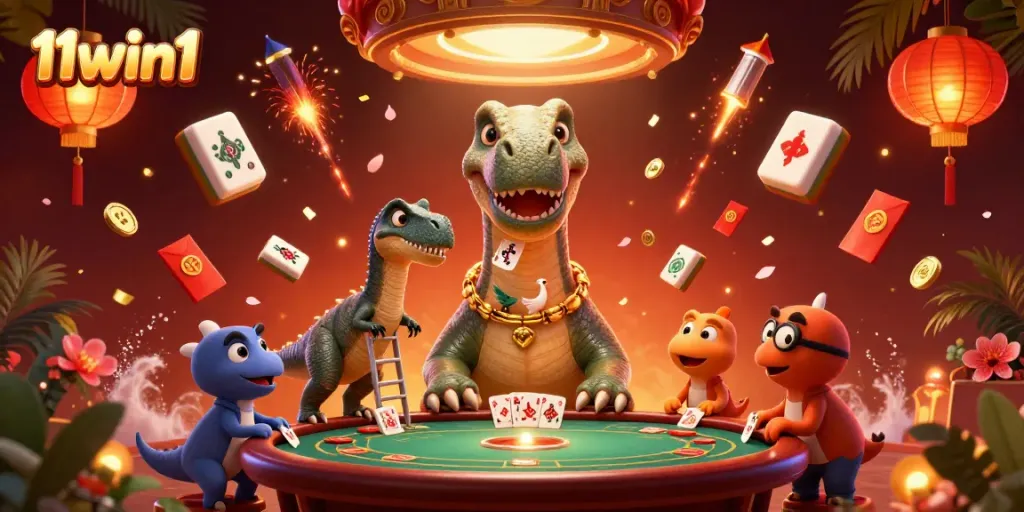 Join the excitement at 11win1, where a towering brontosaurus and clever raptor deal cards in this vibrant casino scene.