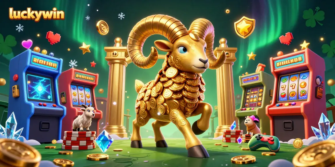 Experience the thrill of luckywin with a dynamic illustration of casino excitement and golden ram charging.