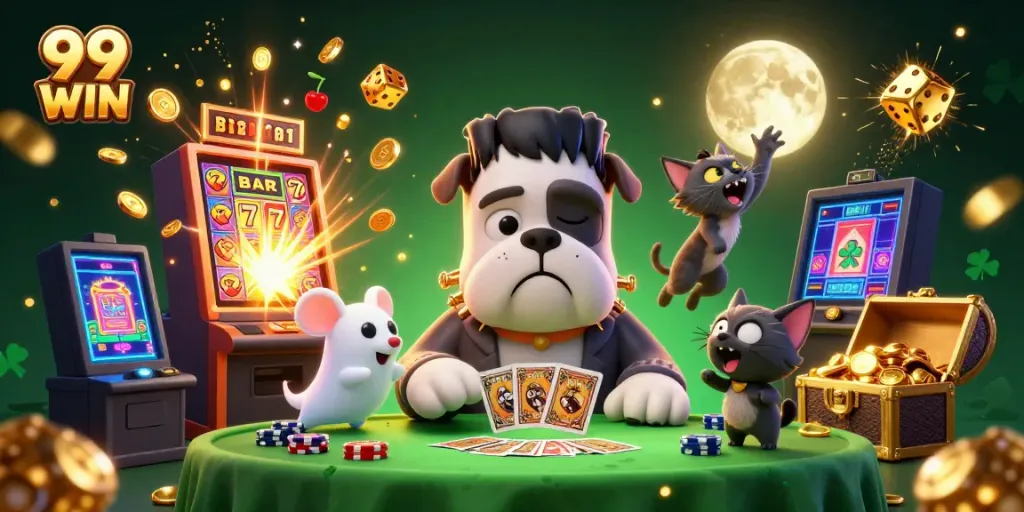 Experience thrilling moments at the casino with the lively 99 WIN characters and vibrant gaming elements.